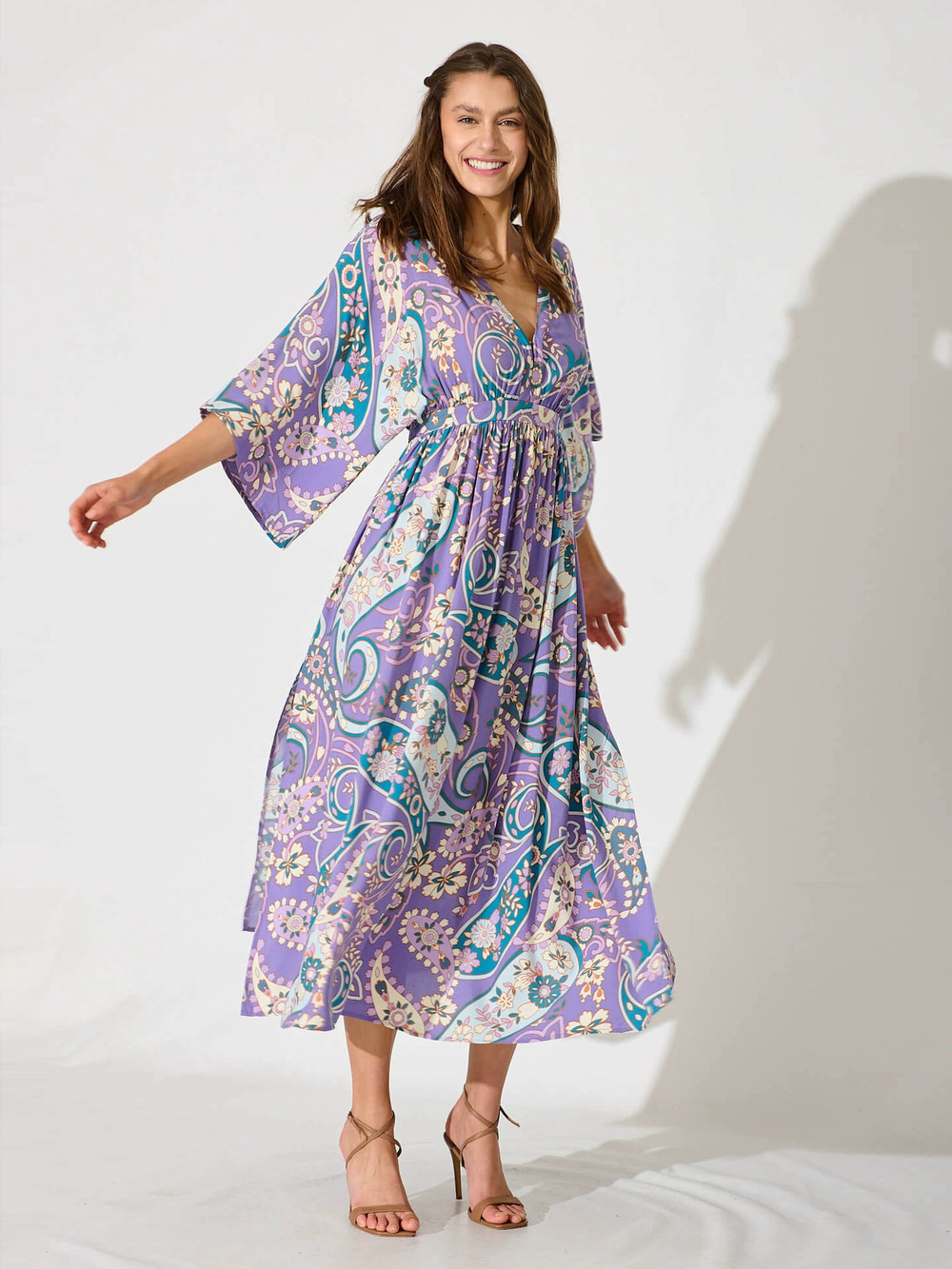 ZARA Batwing Sleeve V Neck Cinched Waist Printed Maxi Beach Vacation Dress